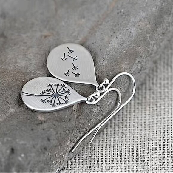 Silver Dandelion Flower Handcarved Textured Seed Earrings - Picture 4 of 7